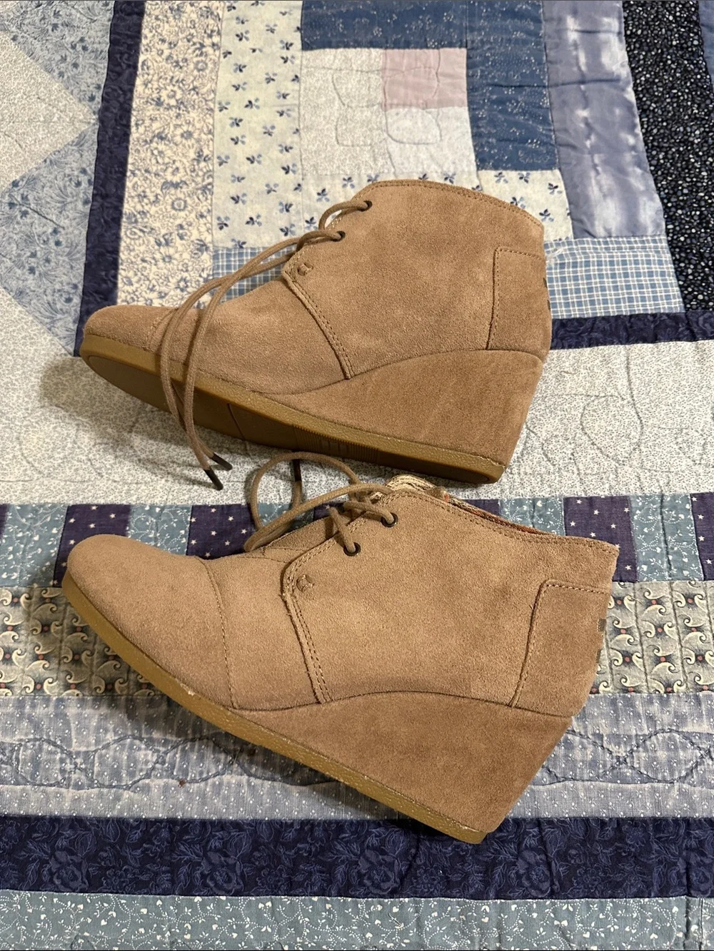 Toms Taupe Suede Lace-Up Wedge Booties
